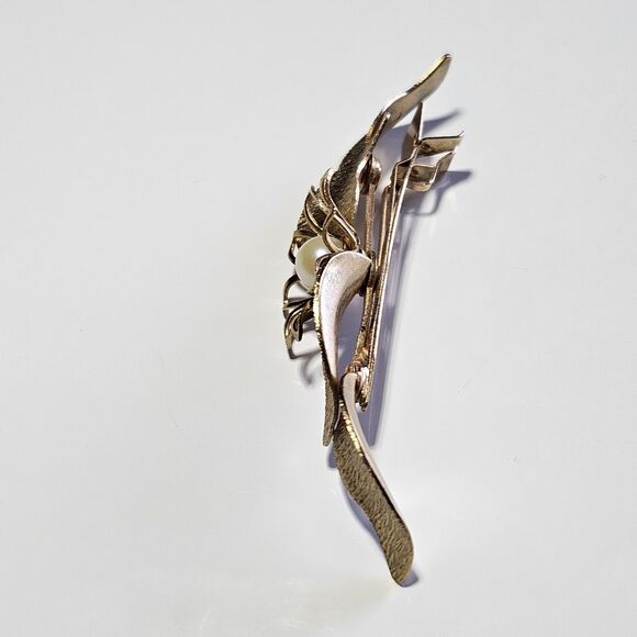 Vintage Lady Ellen Gold Tone Faux Pearl Textured Floral Leafy Hair Clip - Picture 8 of 11